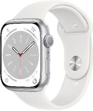 Смарт-часы Apple Watch Series 8 А2771 45мм OLED корп.серебристый рем.белый разм.брасл.:S/M (MP6P3LL/A)