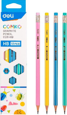 Карандаш ч/г Deli EC011-HB Comiko HB шестигран. липа ассорти кор.европод. (12шт) ластик
