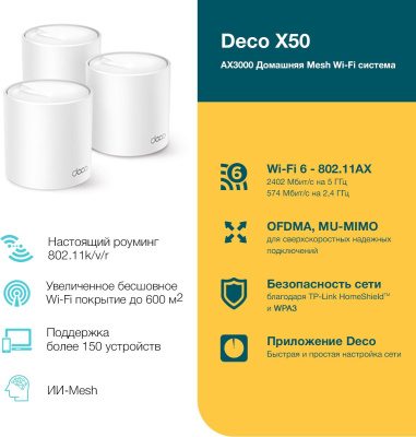 Бесшовный Mesh роутер TP-Link Deco X50(3-Pack) AX3000 10/100/1000BASE-TX белый (упак.:3шт)