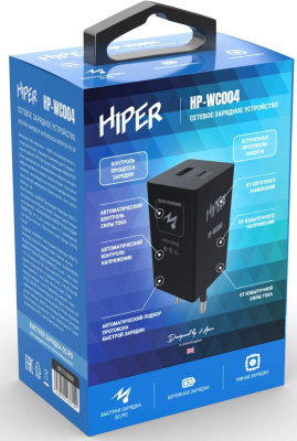 Сетевое зар./устр. Hiper HP-WC004 30W 3A+2.5A (PD+QC) USB-C/USB-A универсальное черный