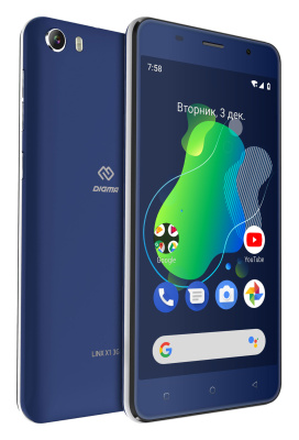 Смартфон Digma X1 3G Linx 16Gb 1Gb FM темно-синий моноблок 3G 2Sim 5" 720x1280 Android 8.1 8Mpix 802.11 b/g/n GPS GSM900/1800 GSM1900 TouchSc FM microSDHC max64Gb