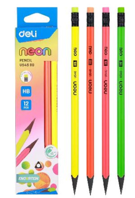 Набор карандашей ч/г Deli EU54600 Neon HB трехгран. пластик ассорти кор.европод. (12шт) ластик
