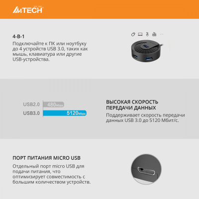 Разветвитель USB 3.0 A4Tech HUB-30C 4порт. черный