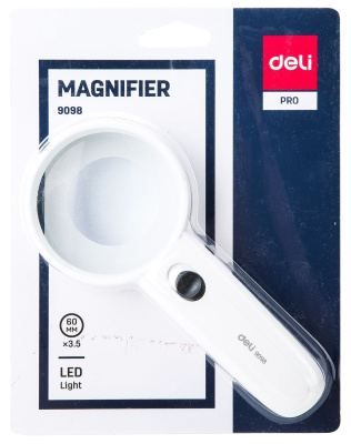 Лупа Deli E9098 d=60мм x3 LED подсветка белый пластик блистер