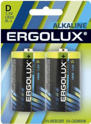 Батарея Ergolux Alkaline LR20 BL-2 D 21000mAh (2шт) блистер
