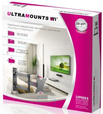 Кронштейн для телевизора Ultramounts UM893 черный 13"-27" макс.20кг настенный поворотно-выдвижной и наклонный