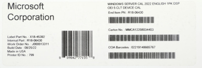 ПО Microsoft Windows Server CAL 2022 English 1pk DSP OEI 5 Clt Device CAL (R18-06430)