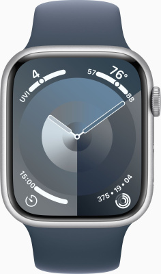 Смарт-часы Apple Watch Series 9 A2980 45мм OLED корп.серебристый Sport Band рем.синий разм.брасл.:140-190мм (MR9D3ZP/A)