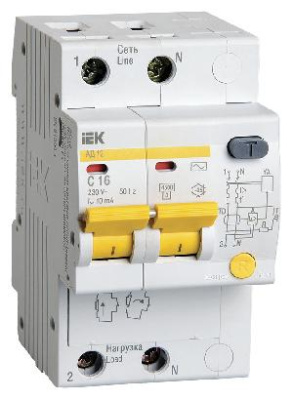 Выключатель автом. дифф. тока IEK MAD10-2-016-C-010 АД12 16A тип C 4.5kA 10мА AC 2П 230В 3мод белый (упак.:1шт)