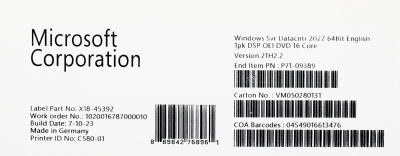 Операционная система Microsoft Windows Server Datacenter 2022 64Bit English 1pk DSP OEI DVD 16 Core (P71-09389)