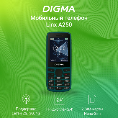 Мобильный телефон Digma A250 Linx 128Mb зеленый моноблок 3G 4G 2Sim 2.4" 240x320 GSM900/1800 GSM1900 microSD max32Gb