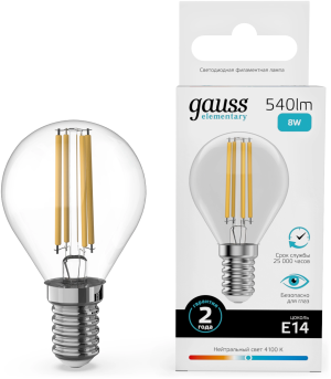 Лампа филам. Gauss Filament 8Вт цок.:E14 шар 220B св.свеч.бел.нейт. (упак.:10шт) (52128)
