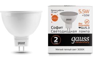 Лампа светодиодная Gauss Elementary MR16 5.5Вт цок.:GU5.3 спот 220B 3000K св.свеч.бел.теп. (упак.:10шт) (13516)