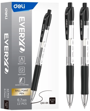 Ручка шариков. автоматическая Deli EveryU EQ60-BK прозрачный/черный d=0.7мм черн. черн. пулевидный пиш. наконечник кругл. резин. манжета