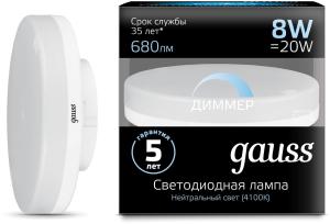 Лампа светодиодная Gauss GX53 8Вт цок.:GX53 таблетка 220B 4100K св.свеч.бел.нейт. (упак.:1шт) (108408208-D)