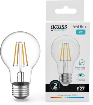 Лампа филам. Gauss Filament 7Вт цок.:E27 груша 220B св.свеч.бел.нейт. (упак.:10шт) (22227)