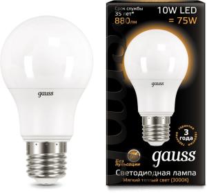 Лампа светодиодная Gauss A60 10Вт цок.:E27 груша 220B 3000K св.свеч.бел.теп. A60 (упак.:1шт) (102502110)