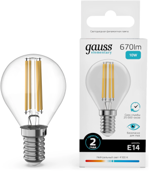 Лампа филам. Gauss Filament 10Вт цок.:E14 шар 220B св.свеч.бел.нейт. (упак.:10шт) (52120)