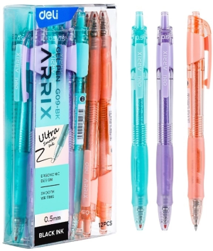 Набор ручек гелев. автоматическая Deli Arris (EG09-BK-P) прозрачный/серый d=0.5мм черн. черн. кор.карт. (12шт) резин. манжета