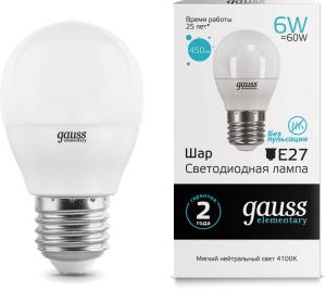 Лампа светодиодная Gauss Elementary 6Вт цок.:E27 шар 220B 4100K св.свеч.бел.нейт. (упак.:1шт) (53226)