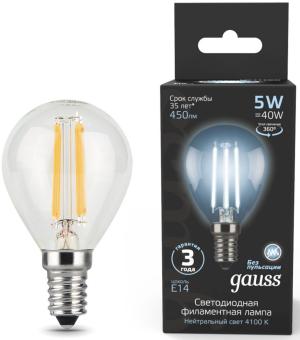 Лампа филам. Gauss Filament 5Вт цок.:E14 свеча 220B 4100K св.свеч.бел.нейт. (упак.:1шт) (105801205)