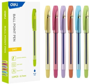 Ручка шариков. Deli EQ40T d=0.7мм син. черн. карт.уп. резин. манжета чернила пониженной вязкости