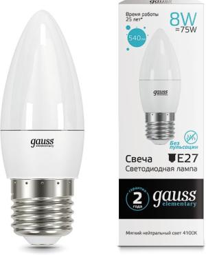 Лампа светодиодная Gauss Elementary 8Вт цок.:E27 свеча 220B 4100K св.свеч.бел.нейт. (упак.:1шт) (33228)