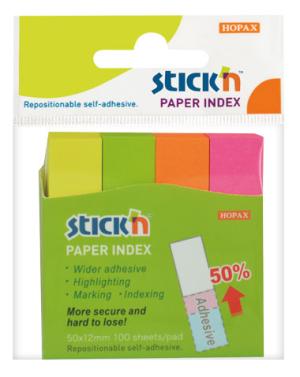 Закладки самокл. индексы бумажные Stick`n 21613 12x50мм 4цв.в упак. 100лист европодвес