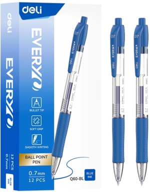 Ручка шариков. автоматическая Deli EveryU EQ60-BL прозрачный/синий d=0.7мм син. черн. 1стерж. пулевидный пиш. наконечник кругл. резин. манжета
