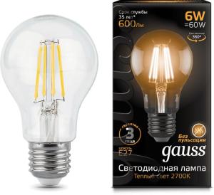 Лампа светодиодная Gauss Filament A60 6Вт цок.:E27 груша 220B 2700K св.свеч.бел.теп. (упак.:1шт) (102802106)