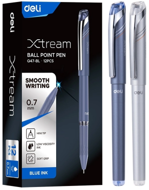 Ручка шариков. Deli Xtream (EQ47-BL) d=0.7мм син. черн. карт.уп. игловидный пиш. наконечник резин. манжета чернила пониженной вязкости