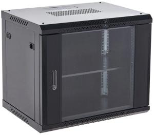 Шкаф коммутационный Rexant (04-0964-112) настенный 9U 600x450мм пер.дв.стекл металл 2 бок.пан. направл.под винты 60кг черный 13.75кг 230град. 501мм IP20 сталь