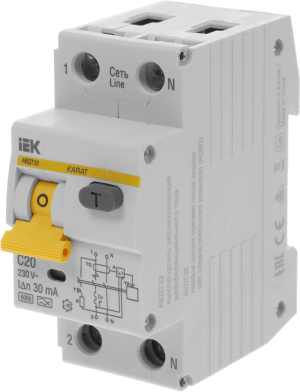Выключатель автом. дифф. тока IEK MAD22-5-020-C-30 АВДТ 32 20A тип C 6kA 30мА A 1П+Н 230В 2мод белый (упак.:1шт)