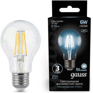 Лампа филам. Gauss Filament A60 6Вт цок.:E27 груша 220B св.свеч.бел.нейт. (упак.:10шт) (102802206)