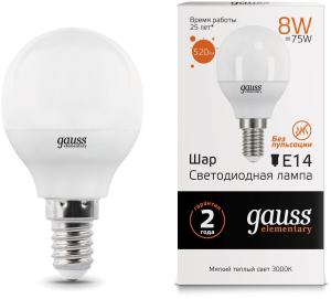 Лампа светодиодная Gauss 8Вт цок.:E14 шар 220B 3000K св.свеч.бел.теп. G45 (упак.:1шт) (53118)