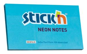Блок самоклеящийся бумажный Stick`n 21213 76x127мм 100лист. 70г/м2 неон голубой