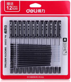 Набор ручек гелев. Deli 33205-BK прозрачный/черный черн. черн. блистер (12шт) линия 0.5мм резин. манжета 12 ручек + 12 сменных стержней