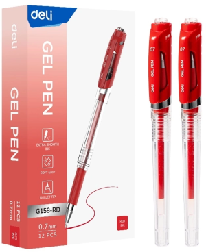 Ручка гелев. Deli EG158-RD прозрачный d=0.7мм красн. черн. резин. манжета