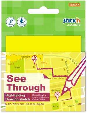 Блок самоклеящийся пластиковый Stick`n Clearnote 21709 76x76мм 50лист. желтый неон прозрачный