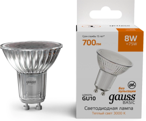 Лампа светодиодная Gauss Basic 10106182 8Вт цок.:GU10 софит 220B св.свеч.теп.св./дневн. (упак.:1шт)