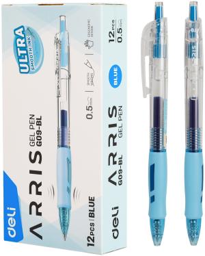 Набор ручек гелев. автоматическая Deli Arris (EG09-BL-P) прозрачный/голубой син. черн. кор.карт. (12шт) линия 0.7мм резин. манжета