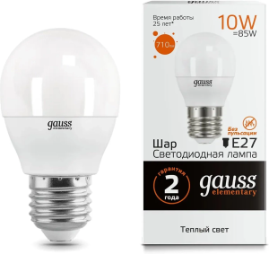 Лампа светодиодная Gauss Elementary 10Вт цок.:E27 шар 220B 3000K св.свеч.бел.теп. (упак.:1шт) (53210)