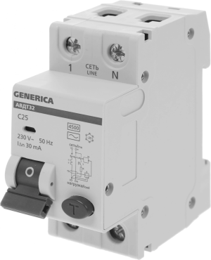 Выключатель автом. дифф. тока IEK MAD25-5-025-C-30 АВДТ 32 Generica 25A тип C 6kA 30мА AC 2П 230В 2мод серый (упак.:1шт)