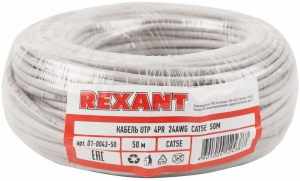 Кабель информационный Rexant 01-0043-50 кат.5E UTP 4 пары 24AWG PVC внутренний 50м серый