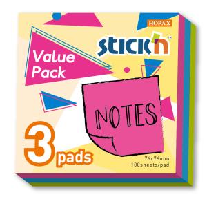 Блок самоклеящийся бумажный Stick`n 27095 76x76мм 100лист. 70г/м2 неон ассорти 3цв.в упак. (упак.:3шт)