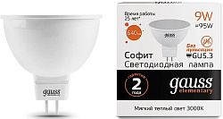 Лампа светодиодная Gauss Elementary MR16 9Вт цок.:GU5.3 спот 220B св.свеч.бел.теп. MR16 (упак.:10шт) (13519)