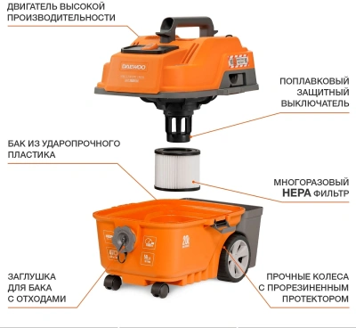 Строительный пылесос Daewoo DAVC 2000 Home 1500Вт (уборка: сухая/сбор воды/выдув) оранжевый