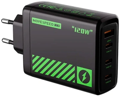 Сетевое зар./устр. Movespeed Pro AC120 100W 5A+3A+2.5A+2.25A+1.5A (PD+QC+AFC) USB/3xUSB Type-C универсальное черный/зеленый