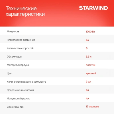 Миксер планетарный Starwind SPM7165 1900Вт красный