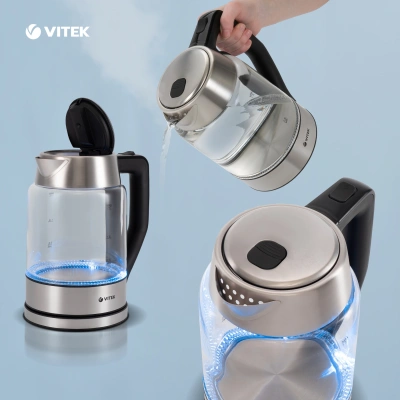 Чайник электрический Vitek VT-7043 1.7л. 2200Вт прозрачный/черный корпус: стекло